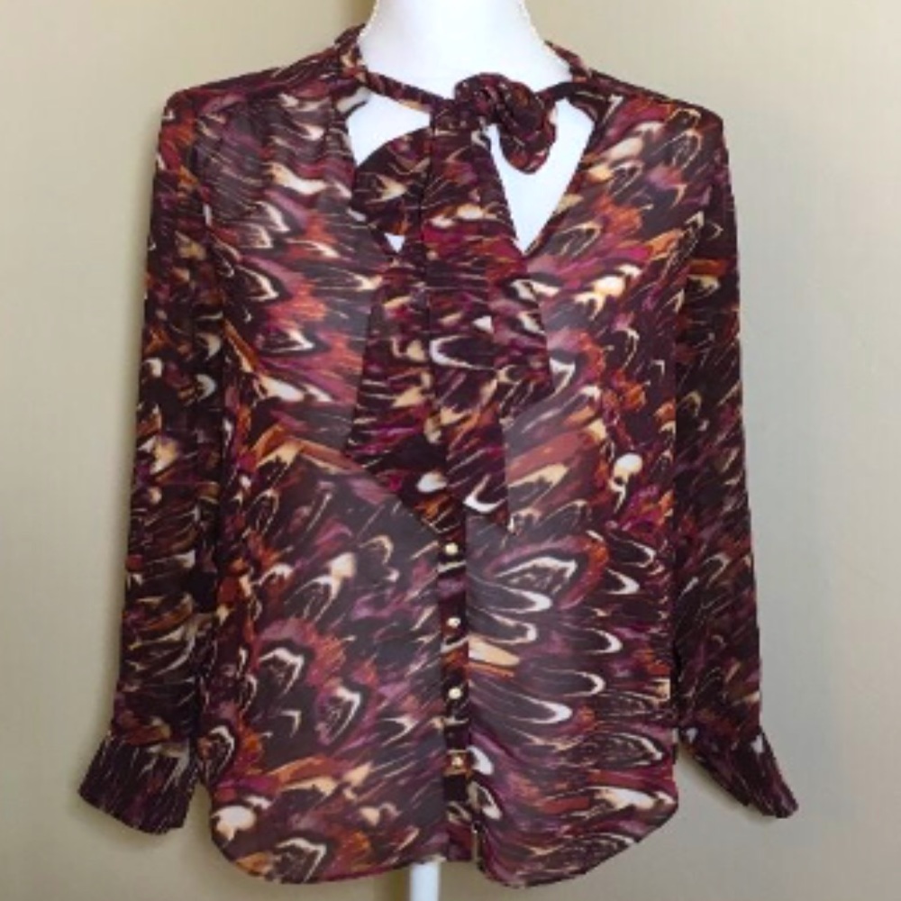 Bebe Tie Neck Ling Sleeve Blouse Petite Plumes Small